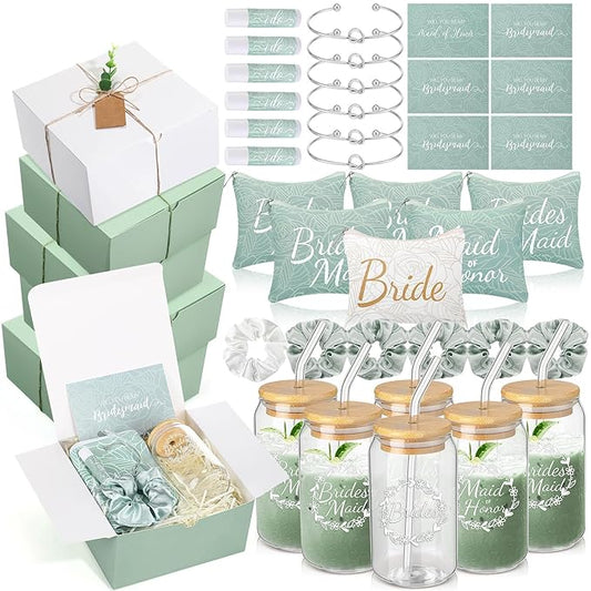 54 Pcs Bridesmaid Proposal Gifts Bridesmaid Box Set Include Bridal Shower Gift Box Makeup Bag Invited Card Glass Cup Lip Balm Scrunchie Hair Knotted Bracelet for Maid of Honor(Green, White)