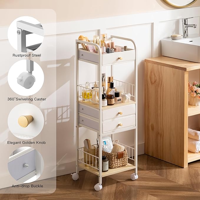 HBlife Floor Makeup Organizer Storage Cart, Make Up Organizers with Drawers, Vanity Cosmetics Display Cases Holder for Skincare Nail Polish Perfume, Bathroom Organizer Shelf with Wheels