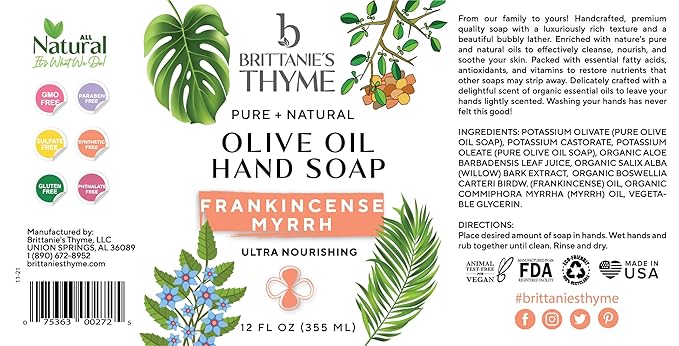 Brittanie’s Pure Castile Liquid Soap Refill, Frankincense, 12 Ounce 3 Pack | Dish Soap, Hair & Body, Home, Gentle and Pure, Made with Natural Luxurious Oils, Vegan & Gluten Free Non-GMO