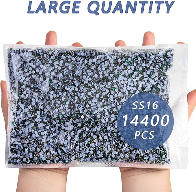 Beadsland Hotfix Rhinestones Bulk, 14400pcs Green Hot Fix Rhinestones for Crafts Clothes DIY Decoration, Emerald, SS16, 3.8-4.0mm
