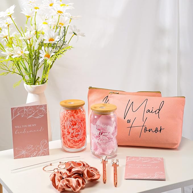 Irenare 36 Pcs Bridesmaid Proposal Gifts Bridal Shower Gifts 16 oz Glass Cup Cosmetic Makeup Bags Invited Cards Scrunchies Hair Knotted Bracelets Diamond Pens Favors for Wedding (Rose Gold)