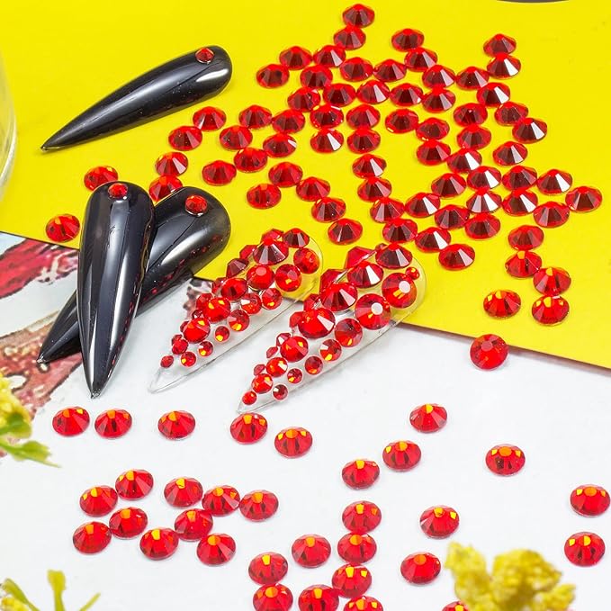 2400 Pcs Nail Art Rhinestones Red Flat Back Rhinestones Gems Round Crystal Siam 6 Sizes (1.9-4.5 mm) Wax Pencil Tweezers for Nail Art Makeup Clothes Shoes Bags Crafts DIY(Red) HUETFAT