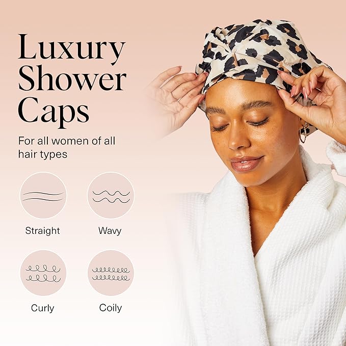 Kitsch Luxury Shower Caps for Women Reusable Waterproof - Large Shower Cap for Women and Men, Non-slip, Quick-dry Hair Cap for Long & Short Hair, Comfortable and Stylish Design - Leopard