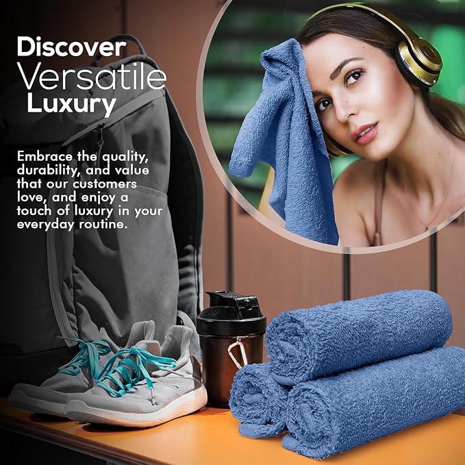 Oakias 100% Cotton Wash Cloths 24 Pack Blue - 12 x 12 Inches Ring Spun Cotton Facial Towels - Highly Absorbent Quick Dry Spa Towels - Bulk Washcloths Ideal for Scrubbing and Cleaning