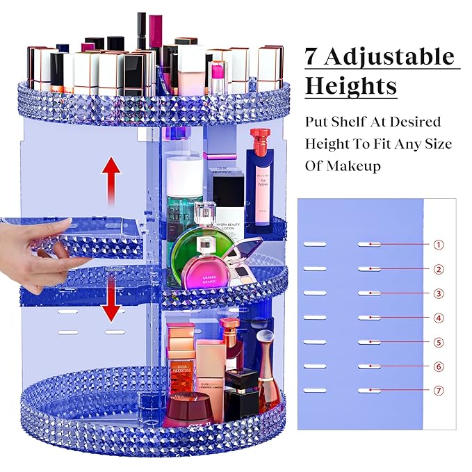 360 Large Rotating Makeup Organizer Countertop, Blue Acrylic Makeup Organizers, Organizador De Perfumes, 7 Layers Large Make Up Organizer, Huge Storage Fits for Vanity and Bathroom - Plus Size Blue