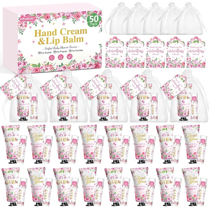 50 Pack Bulk Hand Cream and Lip Balm Gifts Sets, Baby Shower Favors and Bridal Shower Favors for Guests with Thank You Card and Organza Gift Bags, Appreciation Gifts, Wedding Party Favors (Baby Girls)