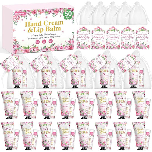 50 Pack Bulk Hand Cream and Lip Balm Gifts Sets, Baby Shower Favors and Bridal Shower Favors for Guests with Thank You Card and Organza Gift Bags, Appreciation Gifts, Wedding Party Favors (Baby Girls)