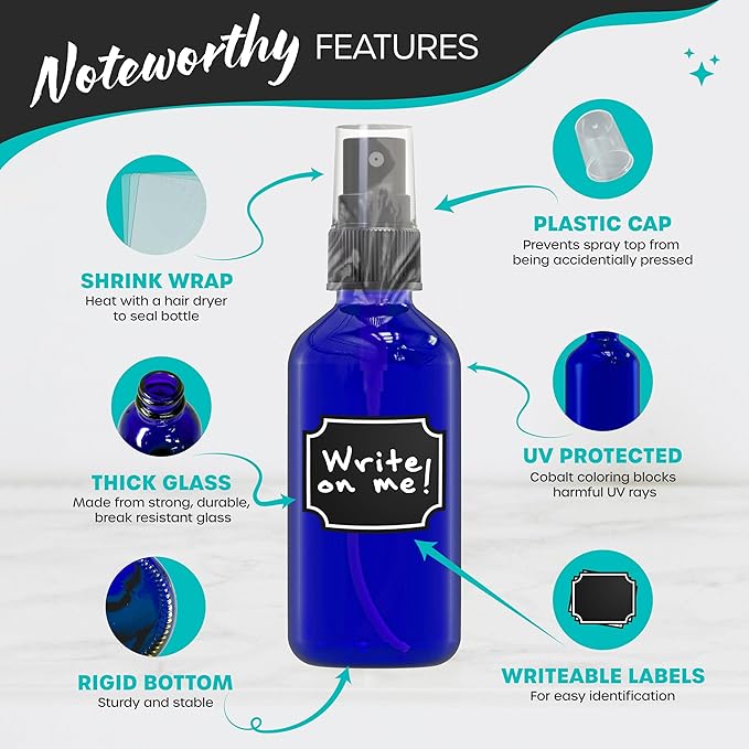 Nevlers Cobalt Blue 2 Oz Glass Spray Bottles 48 Pack | Small Spray Bottle for Hair Set w/Shrink Wrap, Funnel, Brush, Labels & Marker | UV Protected Atomizer Sprayer Glass Travel Containers for Liquids
