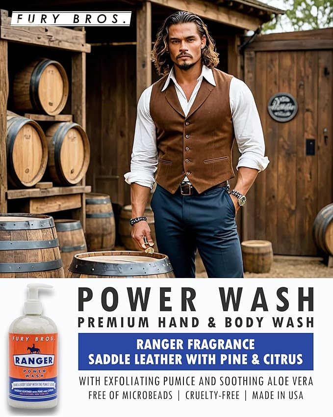 Premium Power Wash | Ranger | Saddle Leather Pine Citrus | Hand & Body Wash | Exfoliating Pumice | Moisturizing Aloe Vera | Highly Scented | Made in USA | 16 oz | Dad Men Bath