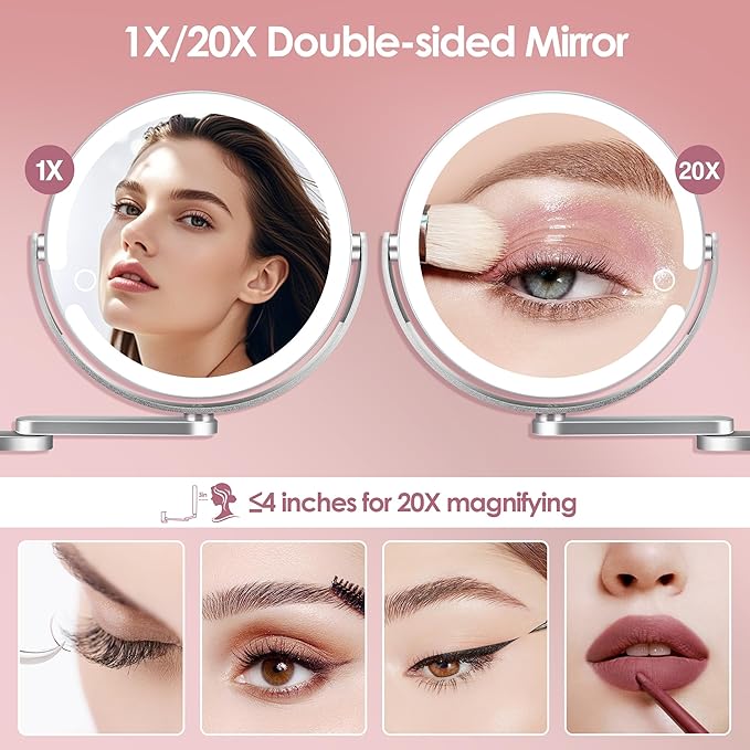 1X/20X Rechargeable Wall Mounted Lighted Makeup Mirror, 8" Magnifying Mirror with 3 Color Dimmable Lights for Bathroom, Built in 2000mAh Battery, 360° Rotation Vanity Mirror Extendable Arm