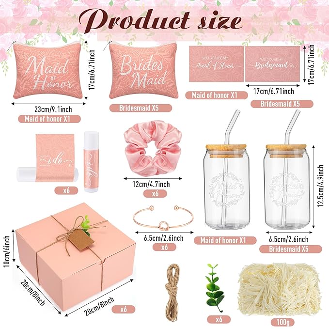 54 Pcs Bridesmaid Proposal Gifts Bridesmaid Box Set Include Bridal Shower Gift Box Makeup Bag Invited Card Glass Cup Lip Balm Scrunchie Hair Knotted Bracelet for Maid of Honor(Pink)