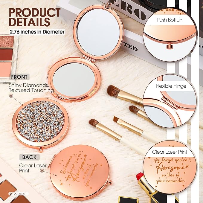 Roowest 10 Pcs Inspirational Compact Mirror Sometimes You Forget You're Awesome Appreciation Gifts for Women Mother's Day Party Favors Magnifying Pocket Mirror (Rose Gold)