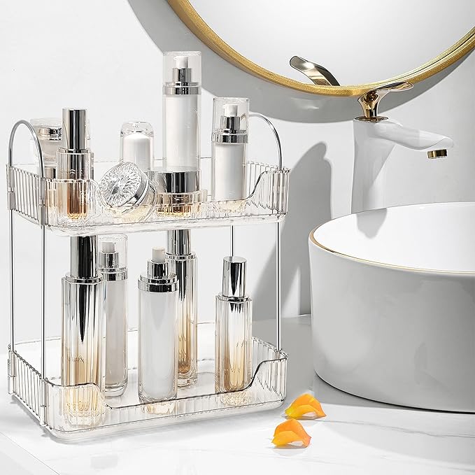 Bathroom Counter Organizer Countertop Storage Skincare Countertop Makeup Organizer Cosmetics Skincare Organizers Holder for Perfume-Clear White-Silver Pole