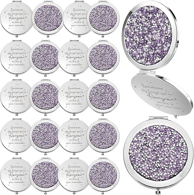 Roowest 20 Pcs Inspirational Compact Mirror Sometimes You Forget You're Awesome Appreciation Gifts for Women Mother's Day Party Favors Magnifying Pocket Mirror (Light Purple)