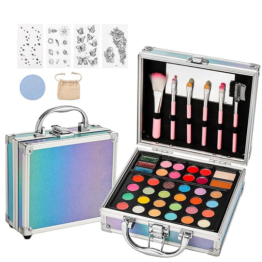 Anpro All-In-One Makeup Carry Case with Pro Teen Makeup Set, Full Starter Cosmetics Kit with Makeup Brushes, Eye Shadows Palette, Blushes, Glitter Gel, Temporary Tattoo Stickers - Pink, Style01