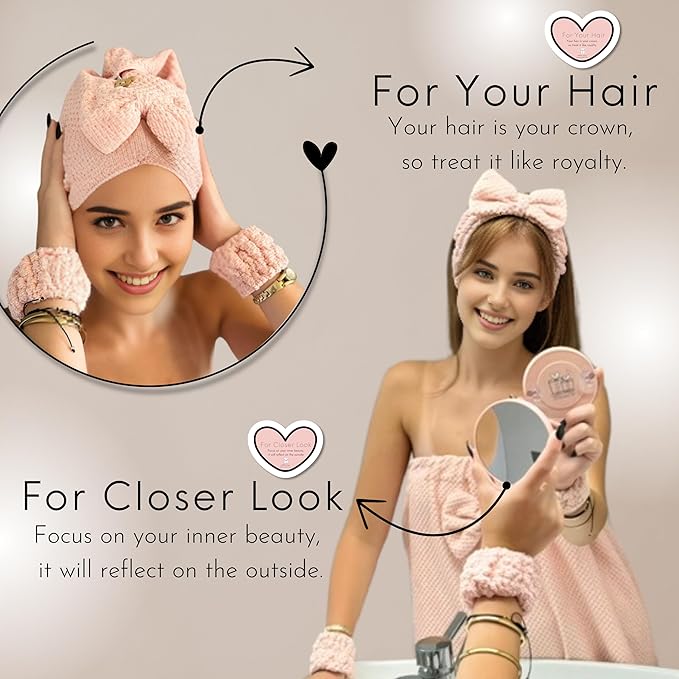 Happy Lolli Power Shower Gift Set: Luxury Bath Accessories Basket for Women & Teen Girls – Includes Body & Hair Towel, Wrist Bands, Headband, Face Sponge & More – Empower Your Routine (Fresh in Pink)