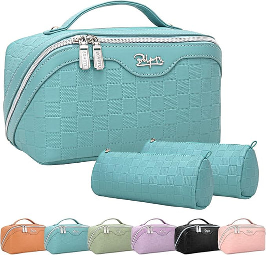 Travel Makeup Bag Organizer Cosmetic Bag: 3 Pcs Set Make up Bags for Women with Handle - Waterproof Vegan Leather Toiletry Bags with Comparments (Blue)