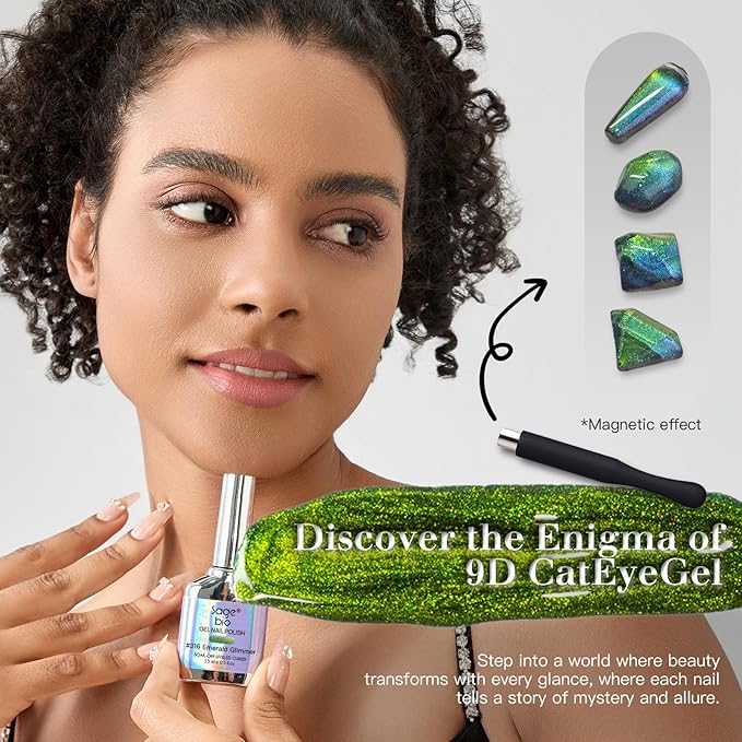 9D Cat Eye Gel Nail Polish Set, 15ml Black Gel + 15ml Emerald Glimmer Cat Eye Gel, Includes Silicone Handle Cylinder Magnetic Stick for Mesmerizing 9D Effects