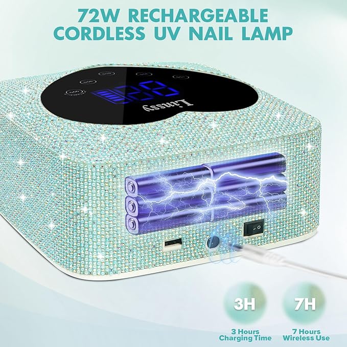 UV Light for Nails,Linssy 72W Cordless UV LED Nail Lamp Nail Dryer with Touch Display & 5 Timer Settings, Rechargeable Nail Light with Diamond & Pearl for Fast Curing (Blue)