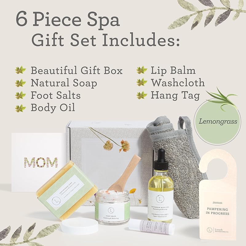 Lizush Lemongrass 6-Piece Spa Gift Set for Women - Relaxing Self-Care Basket, Luxury Handmade Body Care Items for Premium Relaxation - Mom - Handmade in the USA