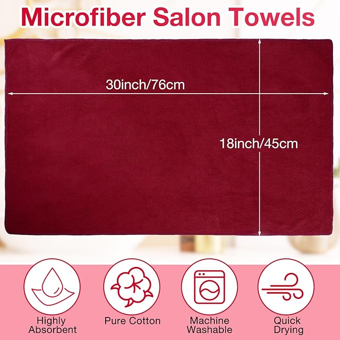 Newwiee 72 Pack Microfiber Bleach Proof Towels Bulk for Salon 18 x 30 Inch Dry Lint Free Hair Drying Hand Towels for Hair, Gym, Bath, Spa, Shaving, Barber(Red)