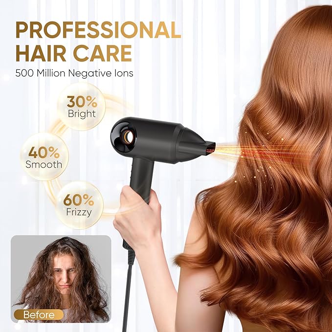 Hair Dryer, High-Speed Ionic Low Noise Blow Dryer with Diffuser for Fast Drying, Professional 500 Millions Negative Ionic Thermo-Control Hairdryer, Travel with Magnetic Diffuser & Nozzle