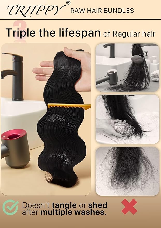 TRIIPPY Raw Cambodian Human Hair Single Bundles,Body Wave Bundles Human Hair,Triple Lifespan Than Regular Virgin Hair,The Same Quality As Boutique Stores,No.1 Raw Hair Brand On Amazon(22 Inch)