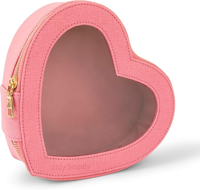 Heart Makeup Bag – Pink Heart Cosmetic Bag with Clear Cover – Gift Ideas for Women, Mom, Girlfriends, Her - Large Capacity for Full Size Makeup, Skincare and Brushes