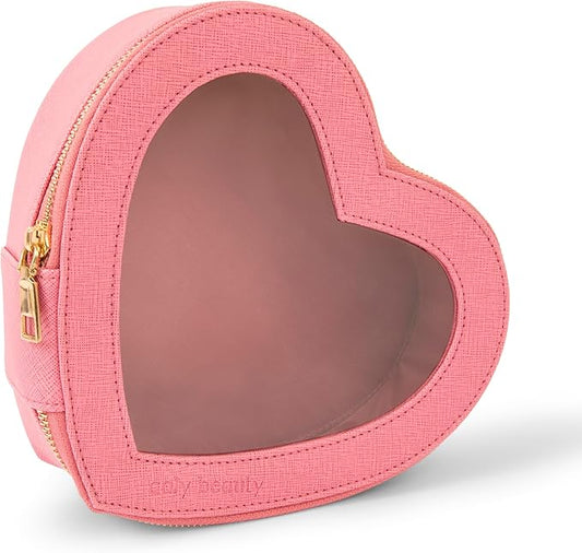 Heart Makeup Bag – Pink Heart Cosmetic Bag with Clear Cover – Gift Ideas for Women, Mom, Girlfriends, Her - Large Capacity for Full Size Makeup, Skincare and Brushes