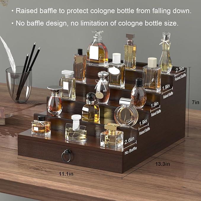 Cologne Organizer for Men, 5 Tier Cologne Shelf, Perfume Stand with Drawer and Hidden Compartment Perfume Display Holder - A Gift for Men