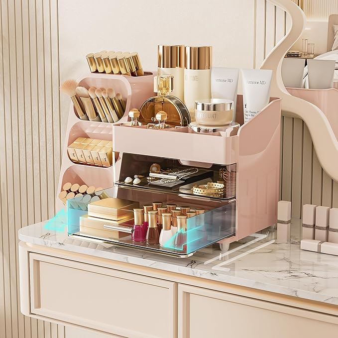 Delamu Makeup Organizer with Drawers for Vanity, Spacious Cosmetic Display Case with Makeup Brush Holder, Perfect Vanity Bathroom Organizer and Storage Solution for Skincare & Beauty Essentials, Pink