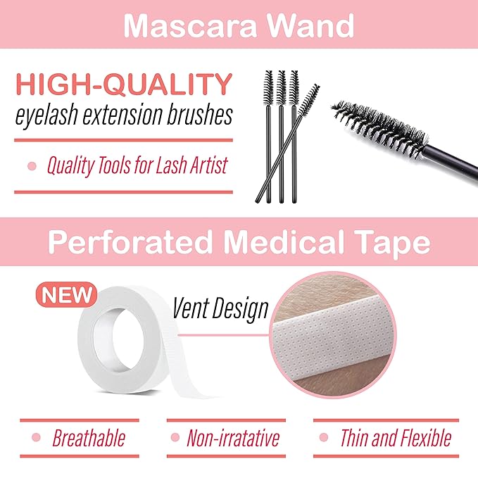 Lyon Lash Eyelash Extension Supplies 4x100 Packs - 100 Pairs Under Eye Gel Pads | 100 Disposable Mascara Brushes Wands | 100 Micro Applicators Brush | 100 Glue Ring Holder | 2 Medical Tapes