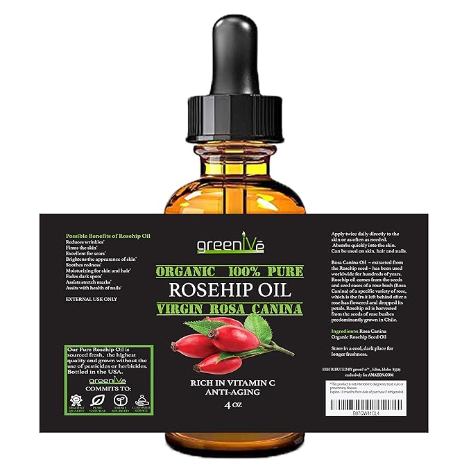 GreenIVe Rosehip Oil Rosa Canina 100% Pure Cold Pressed Virgin Oil Hair and Skin and DIY products (4oz dropper)