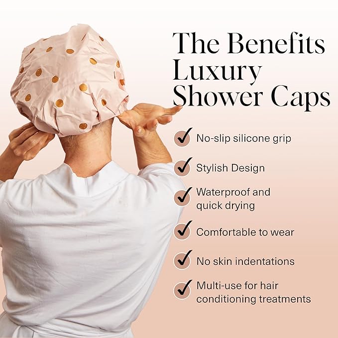 Kitsch Luxury Shower Caps for Women Reusable Waterproof - Large Shower Cap for Women, Non-slip, Quick-dry Hair Cap for Long and Short Hair, Comfortable and Stylish Design - Blush Dot