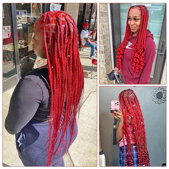 Red Braiding Hair 28 Inch 3 Packs Pre Stretched Braiding Hair for Box Braids Hot Water Setting Easy Braid Yaki Texture Braids Synthetic Hair Extensions Crochet Bradids Hair