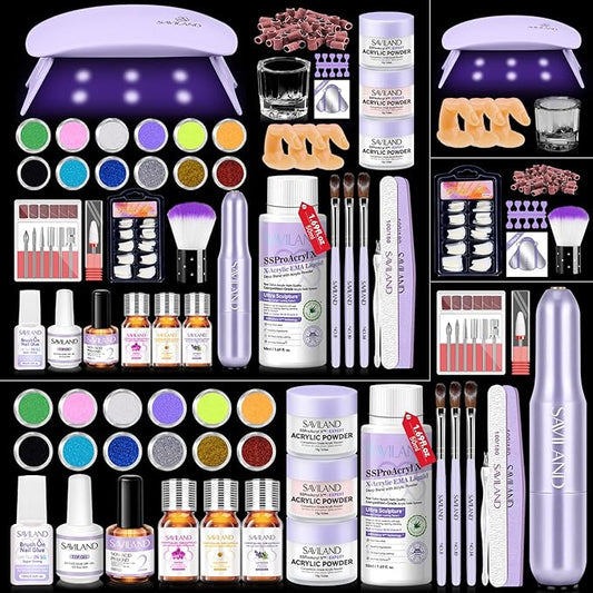 SAVILAND Acrylic Nail Kit with Drill: Nail Kit for Beginners with Everything Nails Kit Acrylic Set Acrylic Powder and Liquid Set with Essential Oils Nail Decoration U V Nail Light DIY Home Salon
