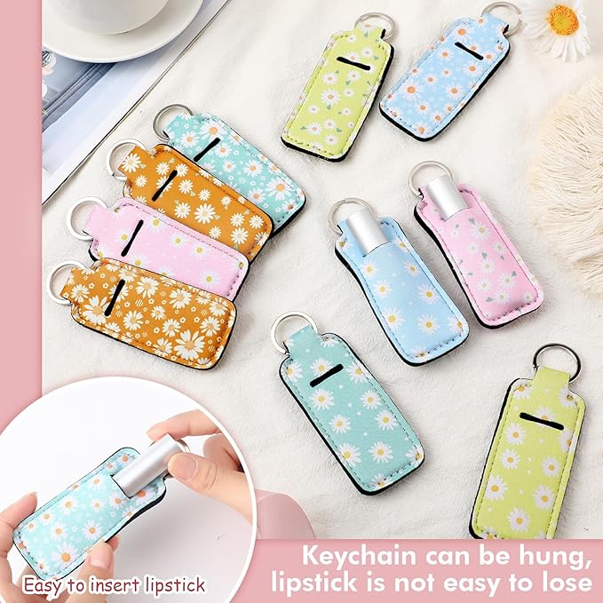 Ctosree 40 Pcs Colorful Daisy Theme Lipstick Holder Keychain Bulk with Portable Clip on Lip Gloss Sleeve Pouch Keychain Daisy Pocket Lip Balm Holder, 10 Pattern