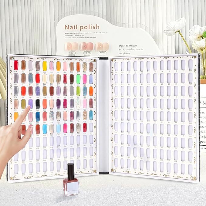 216 Colors Nail Display Chart, Nail Colors Book with 240 False Nail Tips, Professional Nail Gel Polish Organizer Color Card for Salon, Nail Swatches Book Sample Chart Tool Set (Black, 1 Pack)