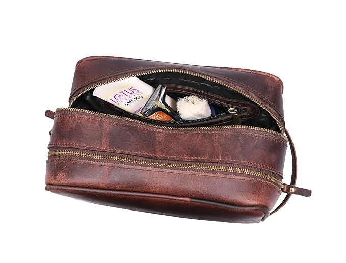 Aaron Leather Goods Leather Toiletry Bag for Men and Women Brown 10.5 Inch (Walnut)