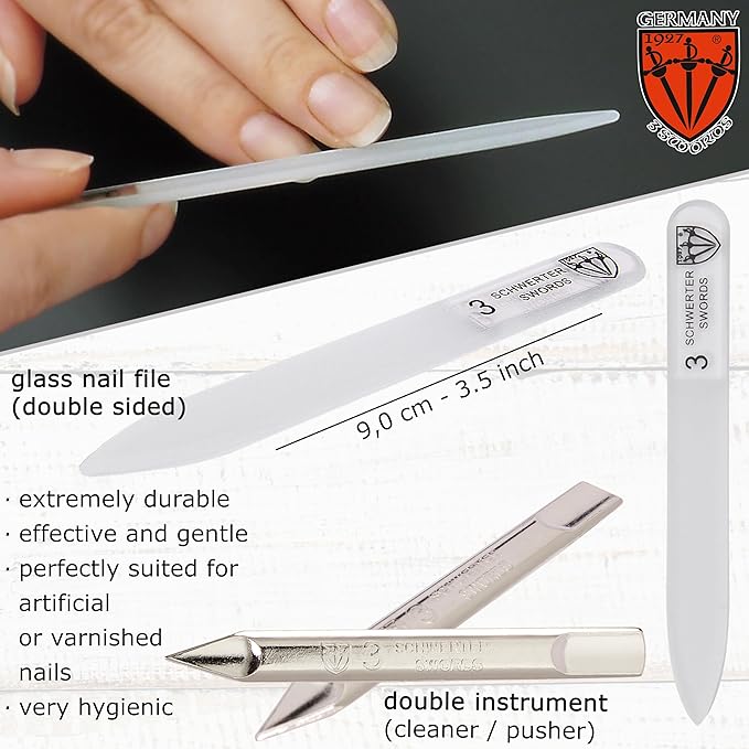 3 Swords Germany - Brand Quality 6 Piece Manicure Pedicure Grooming kit Set - Scissors, Metal and Glass Nail File, Clipper, Tweezers with Synthetic Leather case - Ostrich