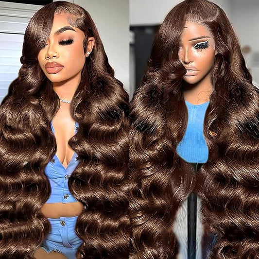 30 Inch Chocolate Brown Lace Front Wig Pre Plucked 13x6 Body Wave Lace Front Wigs Human Hair 180% Density Colored #4 Light Brown Glueless Wig HD Lace Frontal Wigs for Women