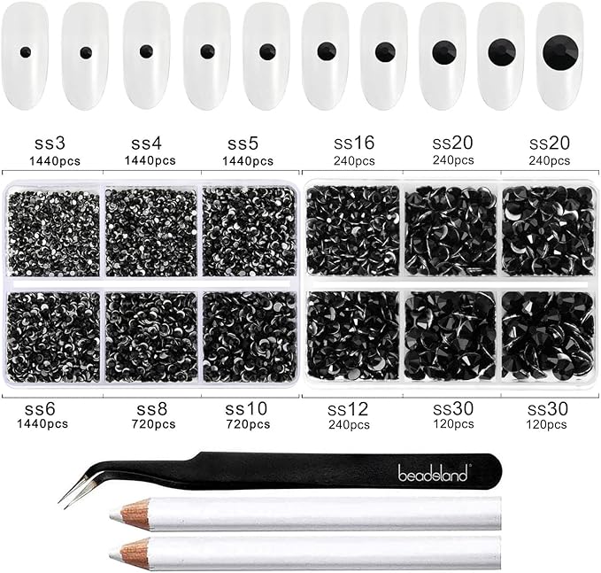 Beadsland 8300PCS Flatback Rhinestones, Black Rhinestone Round Crystal Rhinestones for Crafts, Mixed 10 Sizes with Wax Pencil and Tweezer Kit, SS3-SS30, Jet Black