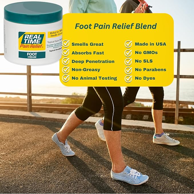 Real Time Pain Relief Foot Cream - 8oz Jar | Advanced Relief for Foot Pain, Muscle Strains, and Arthritis |15 Natural Ingredients Including Eucalyptus, Tea Tree Oil, Menthol, Vitamin E, and Emu Oil