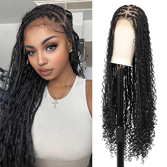 13x8'' HD Lace Front Boho Braided Wigs for Black Women Knotless Box Braid Wig Human Hair Blended Braided Lace Front Wig with Baby Hair Long Black 36 Inch