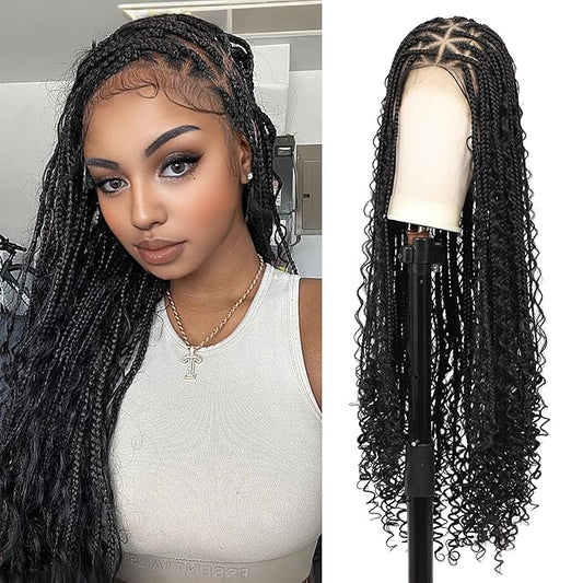 13x8'' HD Lace Front Boho Braided Wigs for Black Women Knotless Box Braid Wig Human Hair Blended Braided Lace Front Wig with Baby Hair Long Black 36 Inch