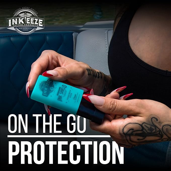 INK-EEZE Tattoo Sunscreen Stick SPF 50, Ink Shield, UVA/UVB Blocking, Dries Clear, Ozone Reef Friendly, Vegan, Made in USA, Coconut, 0.5oz Stick