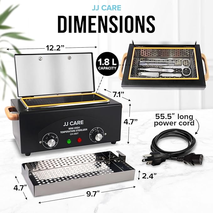 JJ CARE Dry Heat Sterilizer for Metal Tools, 1.8L High Temp Sterilizer for Nail Tools with Timer, Stainless Steel Nail Tool Sterilizer, Auto-Shut Off Sterilization Machine, Nail Sterilizer Machine