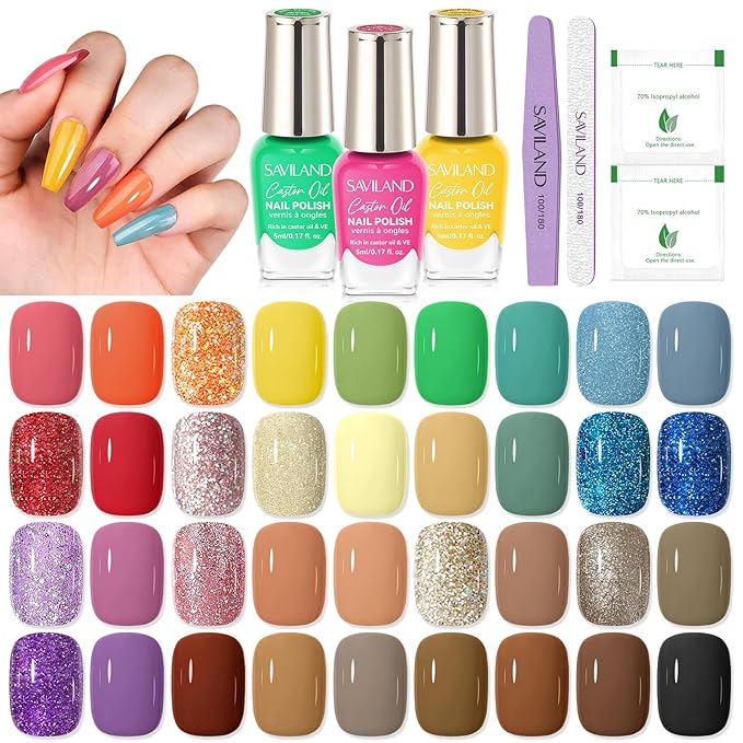 SAVILAND 39pcs Christmas Nail Polish Set: 36 Winter Colors Red Green Air Quick Dry Finger Nail Polish Kit, Glitter Regular Toe Polish Non Gel with Top Base Polish Coat for Women Nail Art Design Home