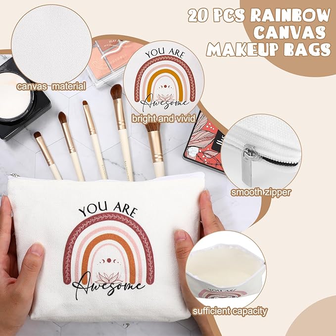 Sieral 40 Pcs Rainbow Cosmetic Bags Rainbow Keychains Set Inspirational Canvas Cosmetic Bags Bulk You are Amazing Makeup Bag Motivational Keychains for Women Teacher Students Coworker Thank You Gift