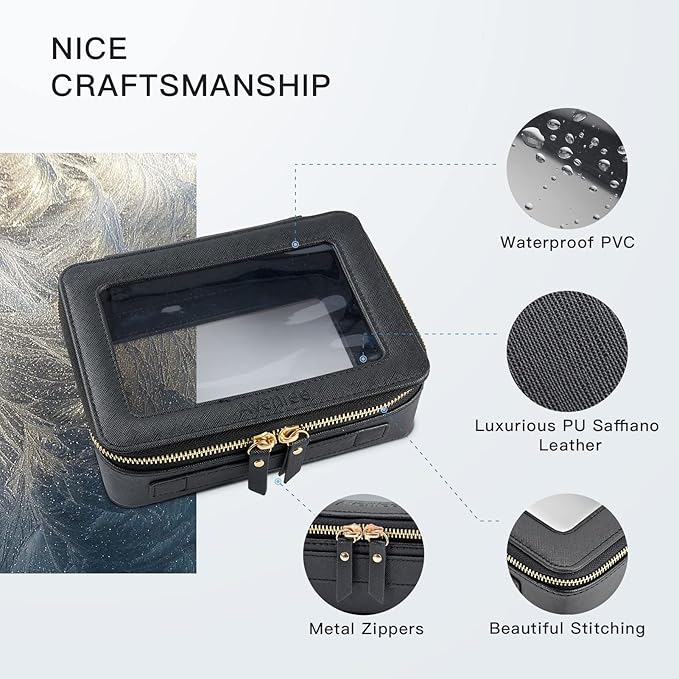 Aveniee Clear Makeup Bag Organizer, Portable Travel Toiletry Cosmetic Bag Case for Women, Heavy Duty Clear Pouch with zipper with Transparent Vinyl Windows & Gold Zippers(Black)